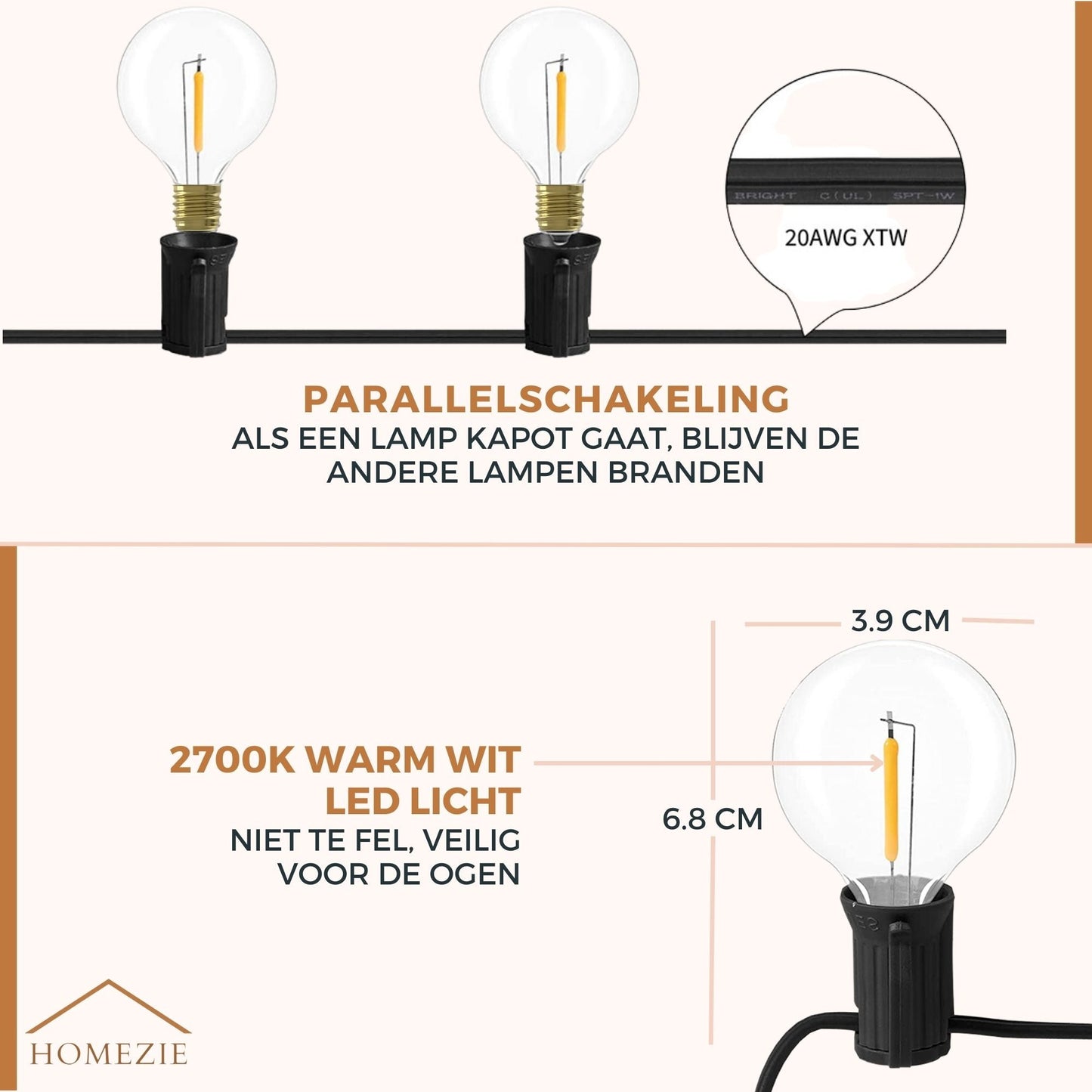 Homezie® Lichtsnoer | Warm wit | G40 LED-lampen | Waterdicht | Dimbaar & Koppelbaar | Buitenverlichting | Meerdere lengtes verkrijgbaar